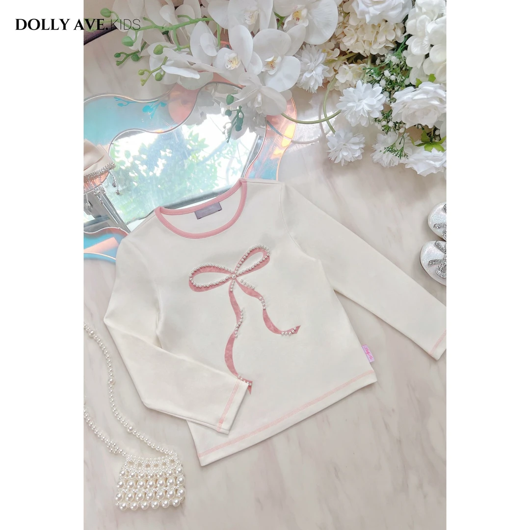 【现货】Dolly Ave 慕丝 甜美粉白钉珠丝绒蝴蝶结纯棉百搭高弹上衣