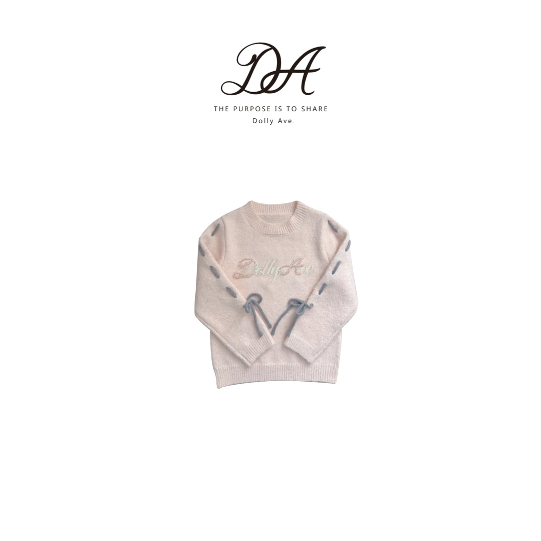【现货】Dolly Ave 芭蕾少女 高定羊毛混纺甜美钻绣撞色蝴蝶结毛衣