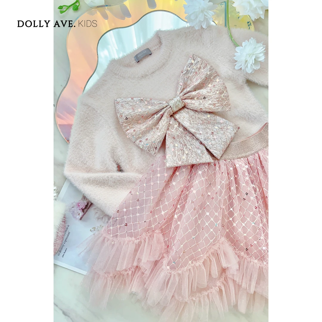 DollyAve 轻颜 甜美女童春秋冬气质蝴蝶结粉色长袖毛衣