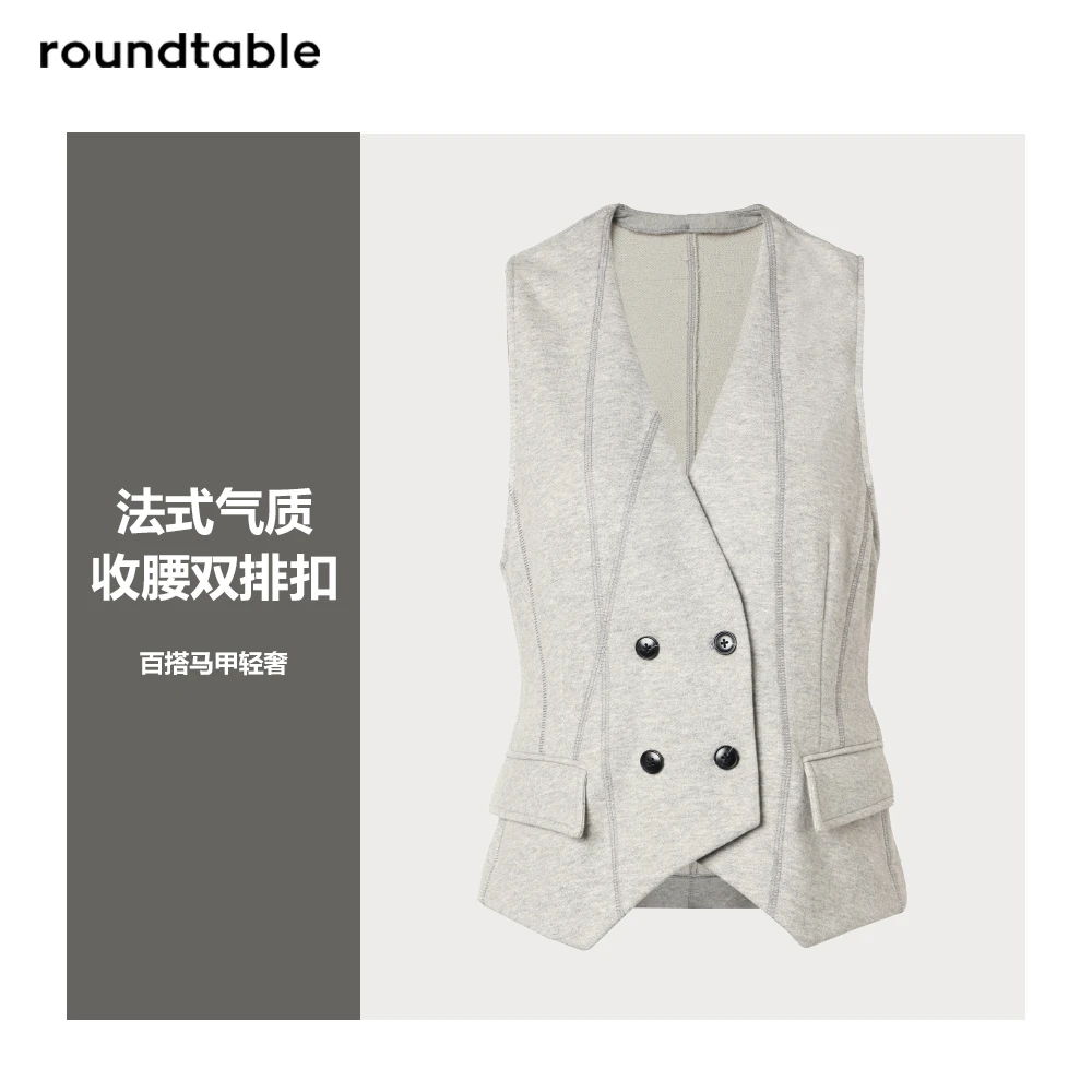 法式气质收腰双排扣百搭马甲轻奢女士灰色无袖马甲V领上衣女修身