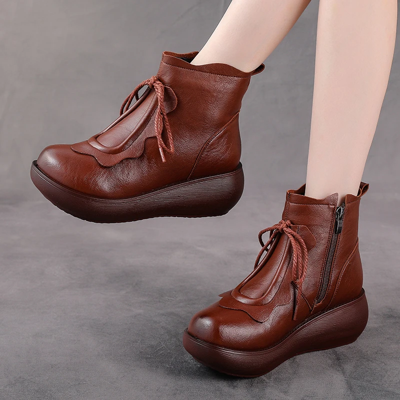 软皮马丁靴女加绒棉靴2025秋冬季新款复古民族风厚底软底短靴