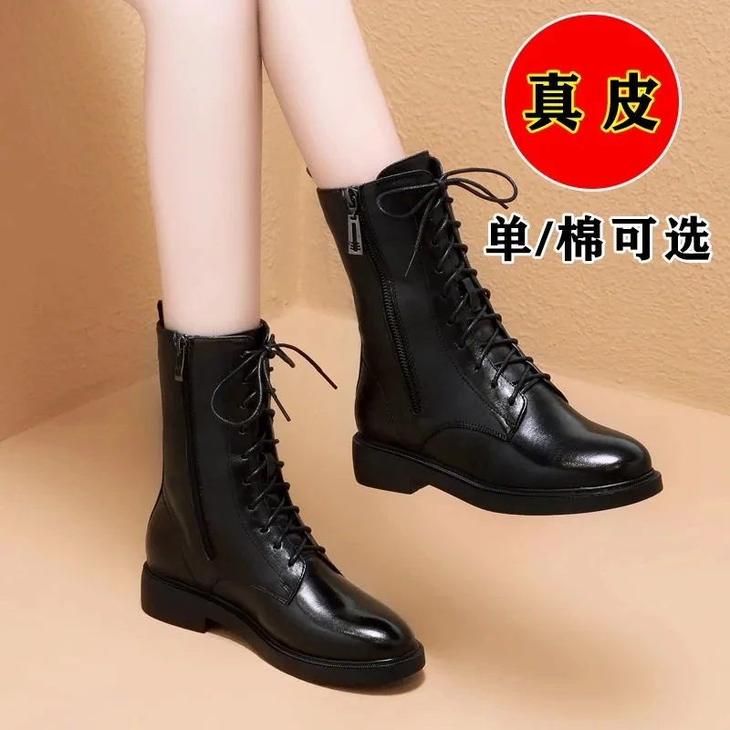 软皮马丁靴女英伦风2024秋冬新款中筒靴百搭平底加绒靴子机车短靴