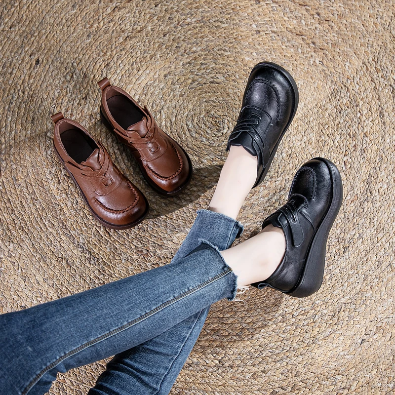 沈都单鞋女士复古松糕软底妈妈鞋休闲皮鞋舒适轻便增高厚底乐福鞋