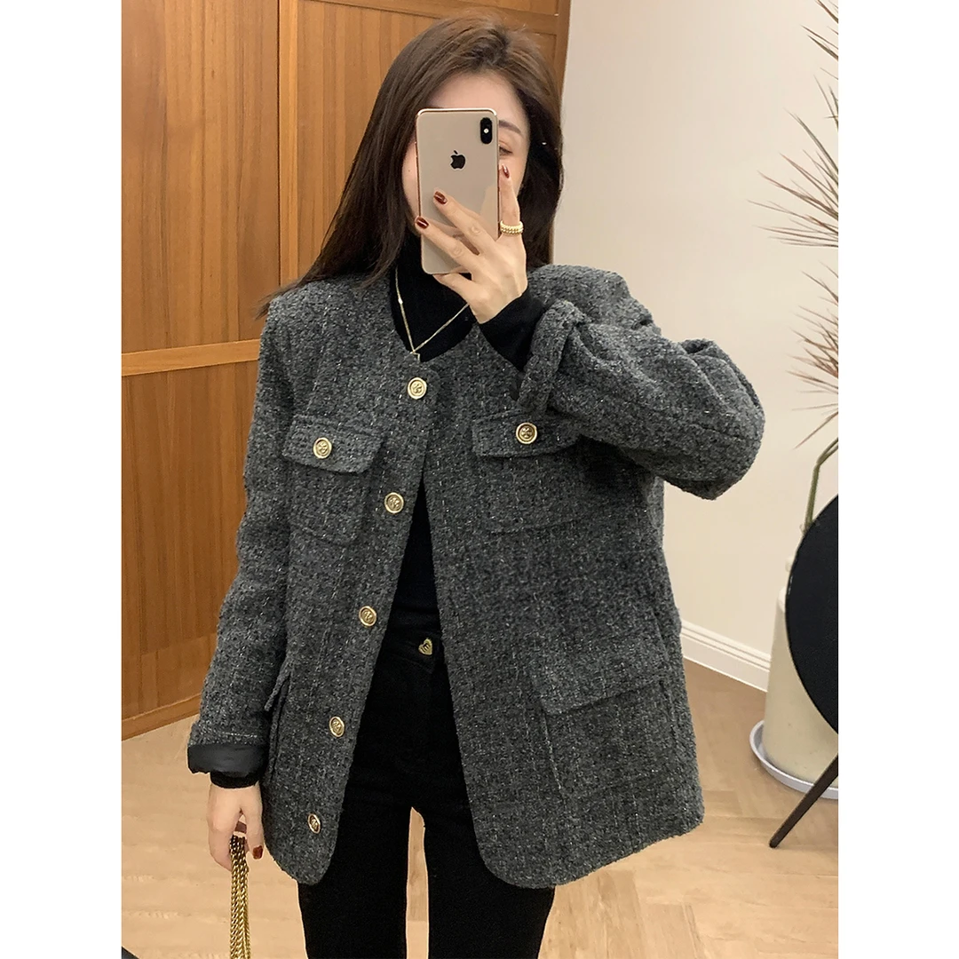 2024新款秋冬季复古气质小香风轻奢外套女宽松加厚小个子风衣2038