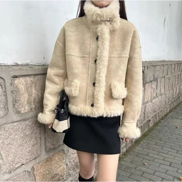 加绒皮毛一体小个子外套女冬装新款百搭时尚上衣2571