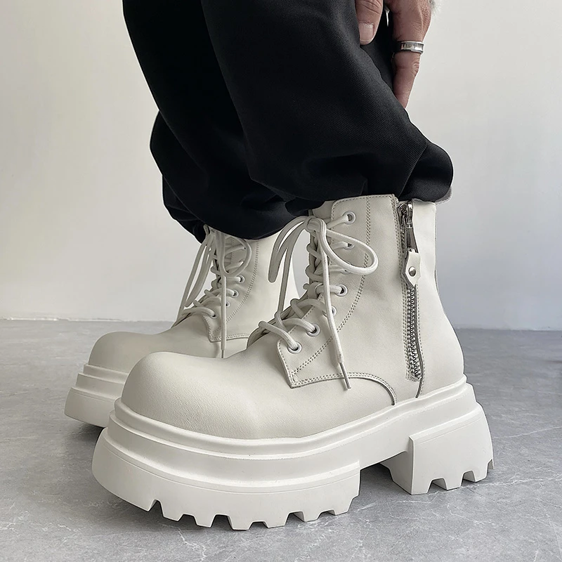 厚底增高白色马丁靴子短筒靴真皮牛皮6CM工装皮鞋圆头德比鞋男