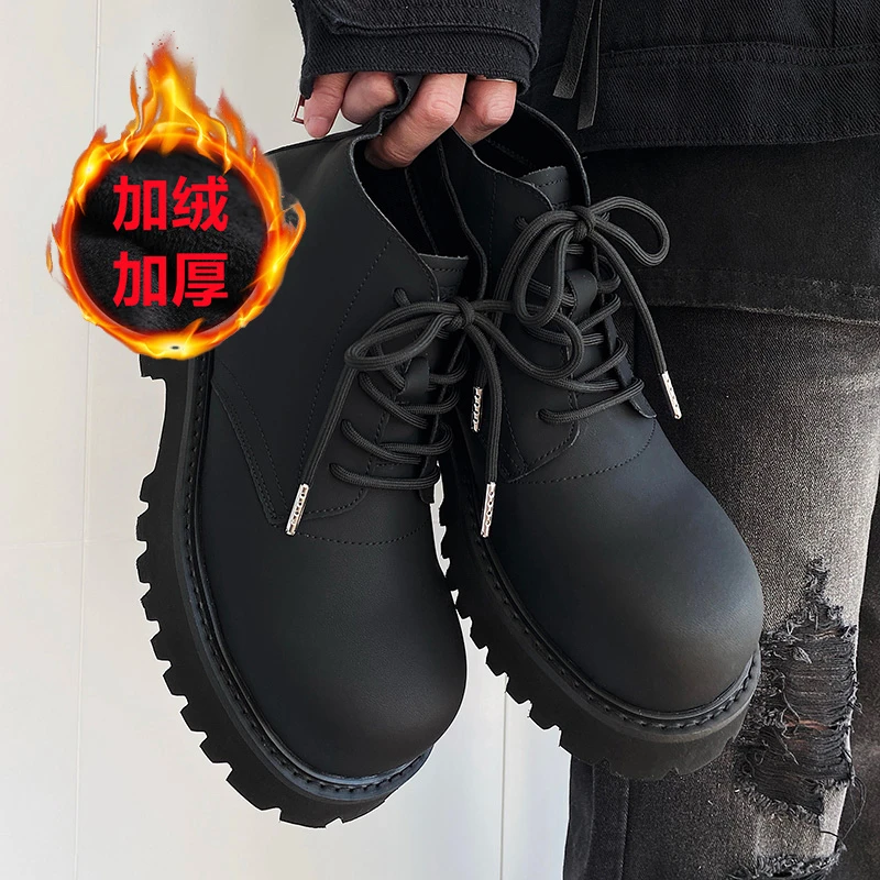 冬季加绒棉靴小众高帮马丁靴男翘头米奇德比厚底短靴大头高帮皮鞋