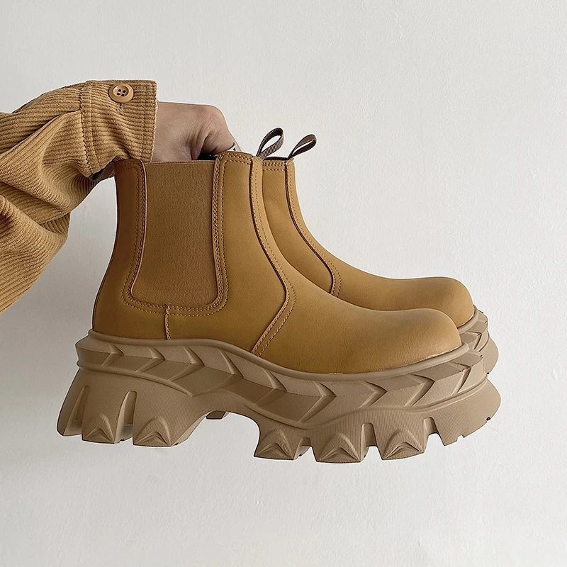 大黄靴男鞋潮流工装英伦真皮一脚蹬切尔西靴秋冬厚底复古德比靴子