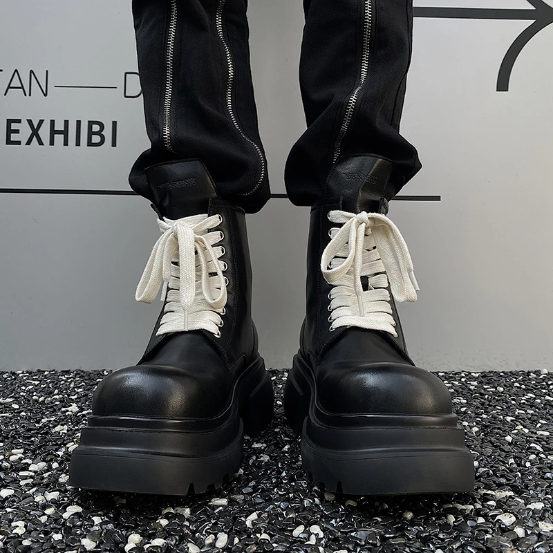 大头真皮高帮马丁靴男2025年新款高级感侧拉链厚底增高中帮靴短靴