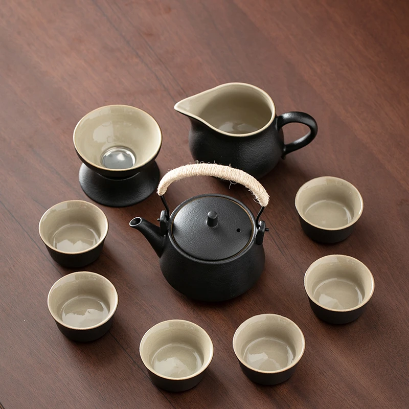 网红高档黑陶盖碗套装家用整套办公陶瓷茶杯侧把茶壶功夫茶具礼品