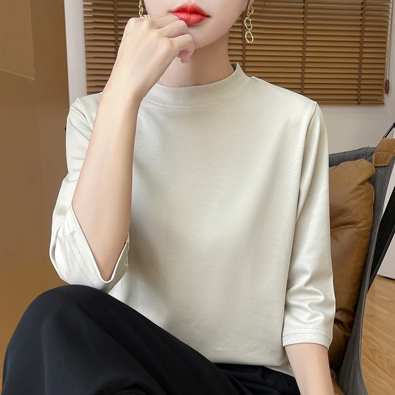YQ春秋新款女士半高领纯棉七分袖大码女装