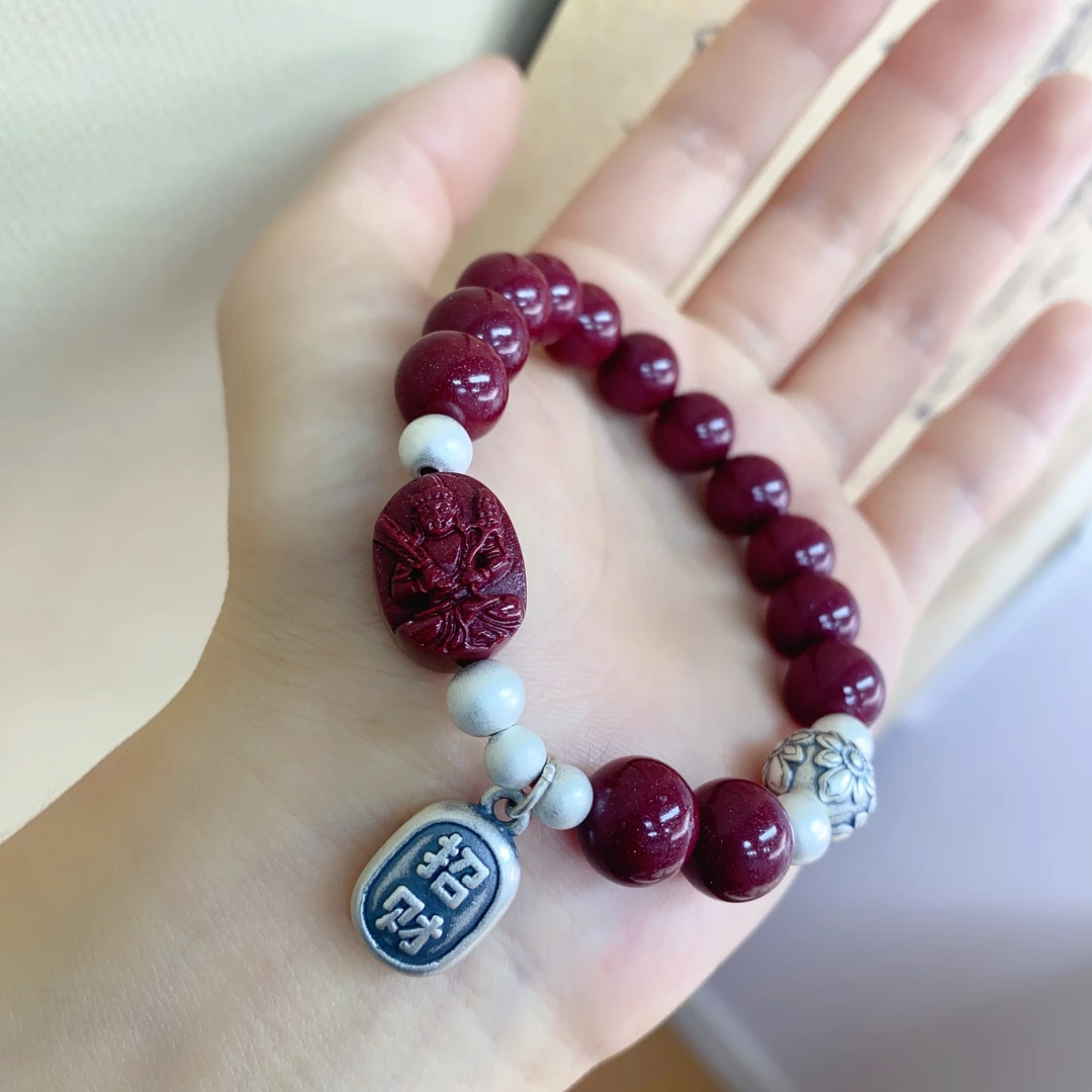 含辰砂工艺品Z26足银手链 藏式重工本命年红绳朱砂手链本命佛