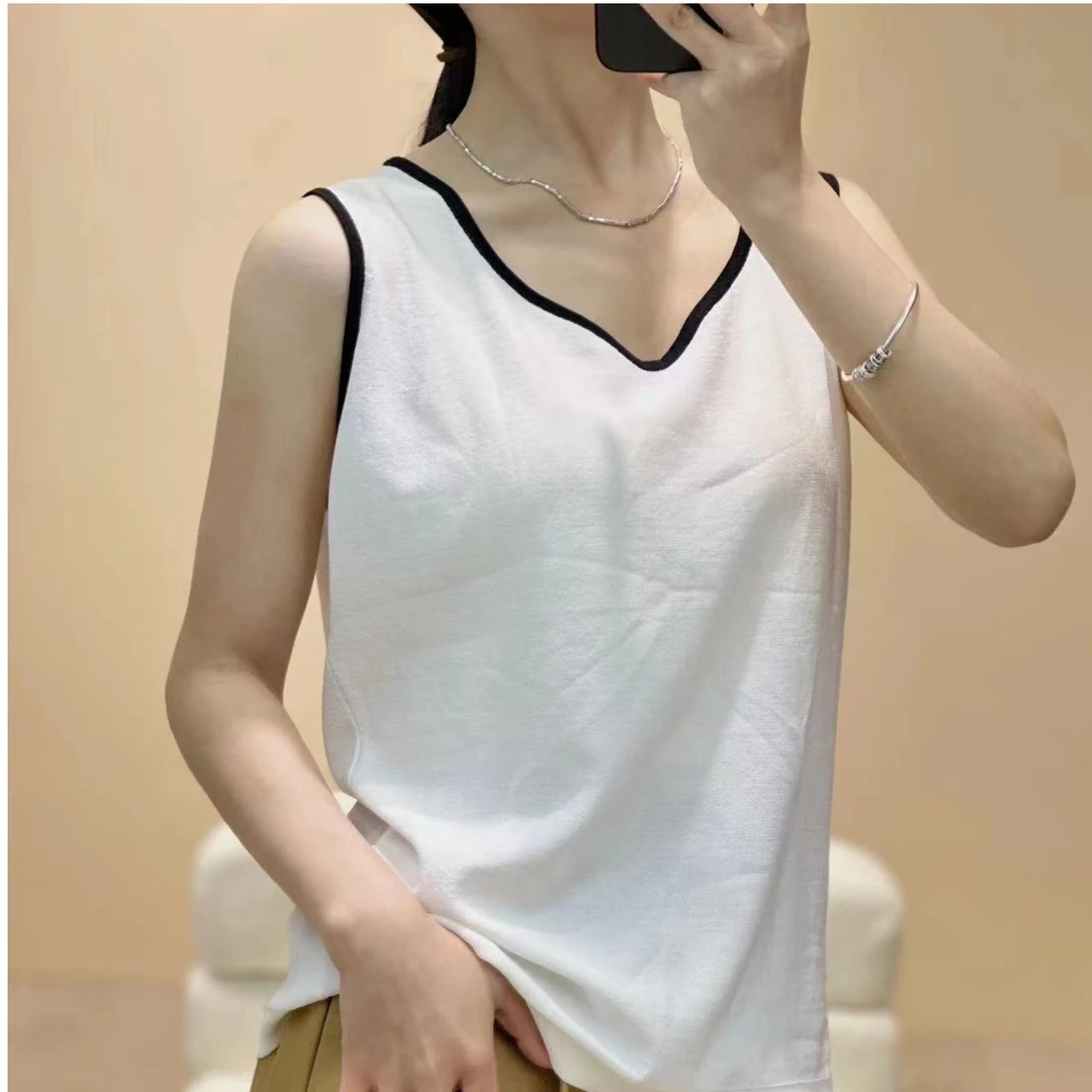 冰丝背心百搭纯色宽松圆领针织夏季简约白色