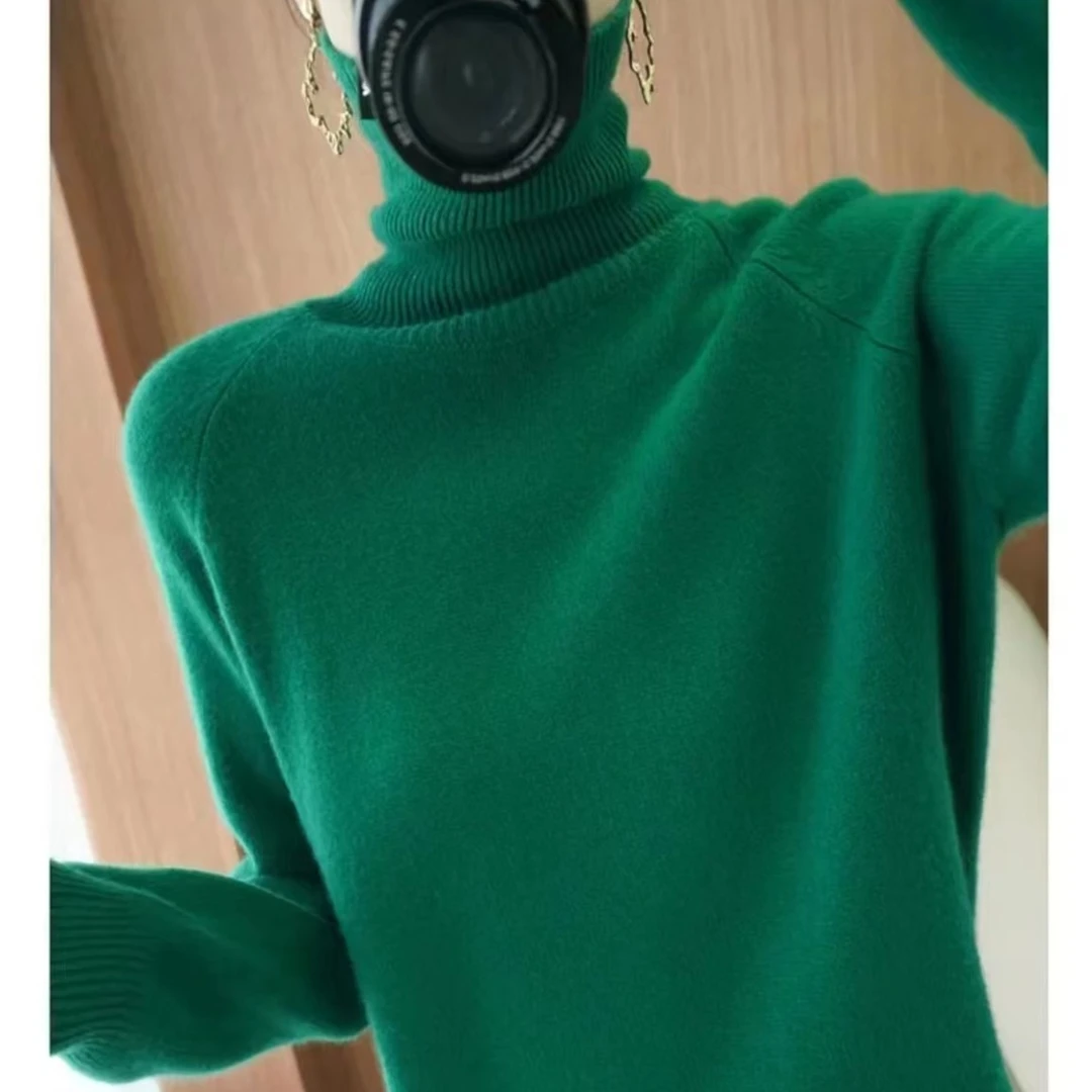 高端100山羊绒衫女秋冬新款高领宽松加厚白色打底毛衣时尚百搭