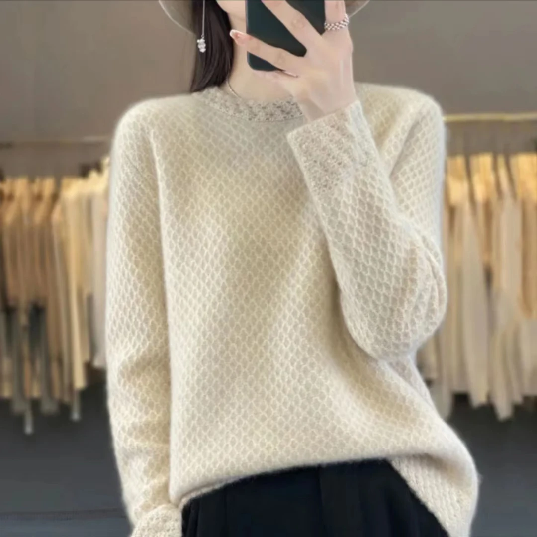 太棒了~100山羊绒~ 女士圆领纯色长款半高菱形镂空领宽松显瘦打底