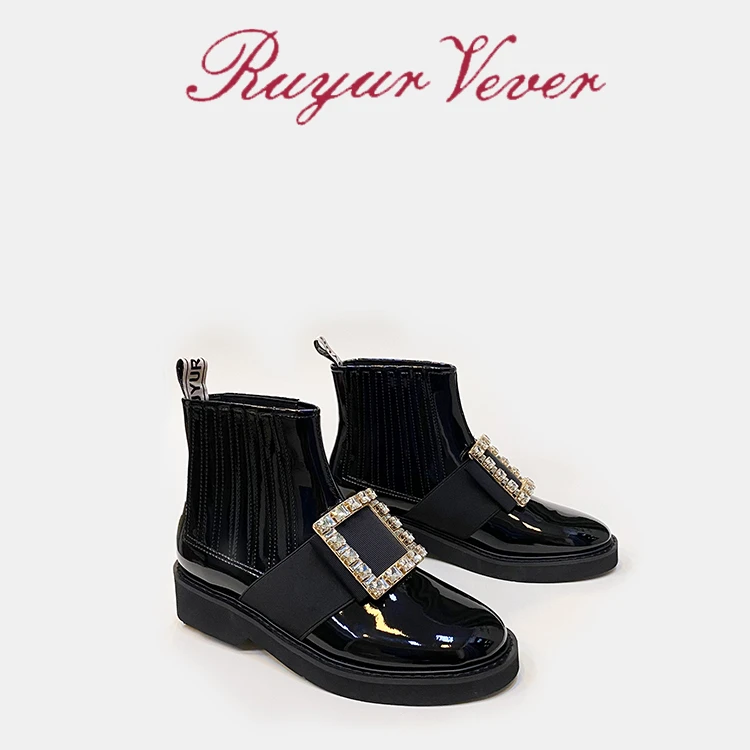 捡漏2025早春新款rv方扣短靴网红同款漆皮马丁靴钻扣切尔西靴女靴