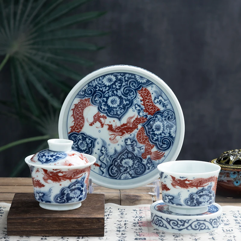景德镇炎匠堂青花釉里红穿花龙套组高温陶瓷 家用办公茶具套组
