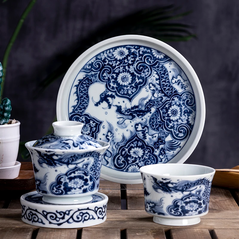 景德镇炎匠堂青花穿花龙套组高温陶瓷 家用办公茶具套组