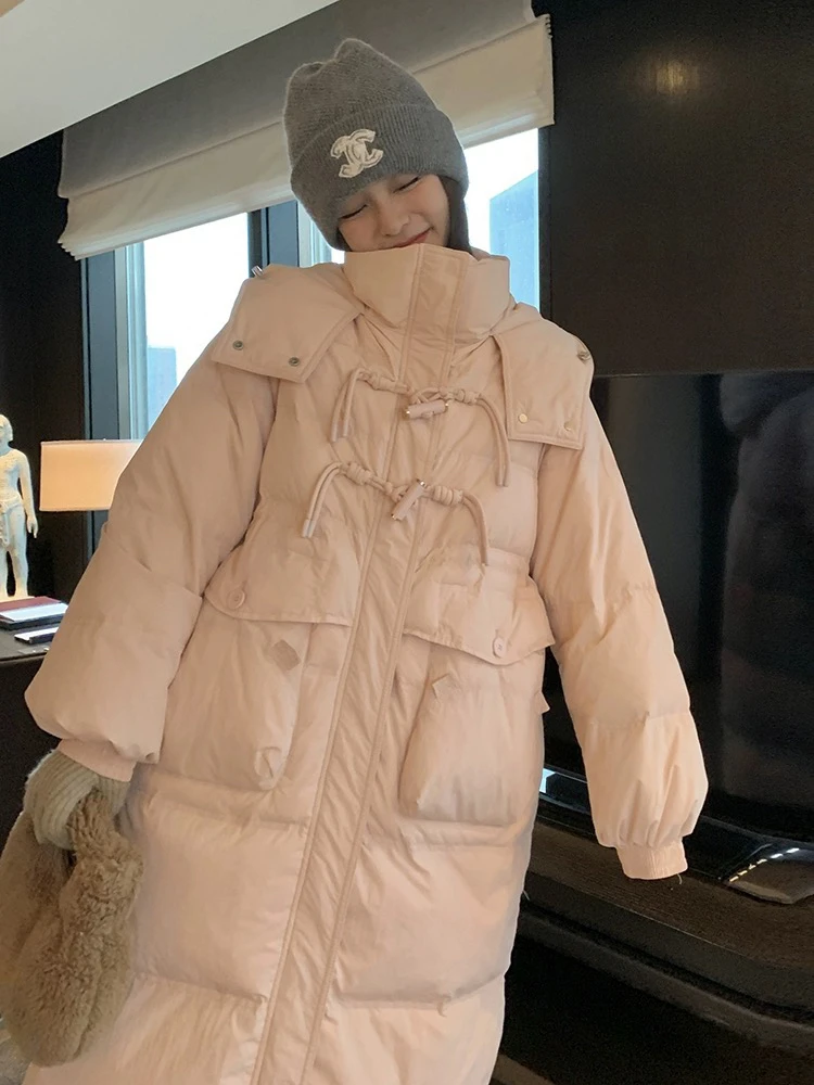 冬季新款羽绒服女中长款过膝长款加厚连帽牛角扣白鸭绒外套