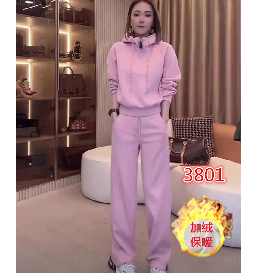 粉色加绒加厚时尚休闲运动连帽套装女2024新款显瘦气质网红洋气