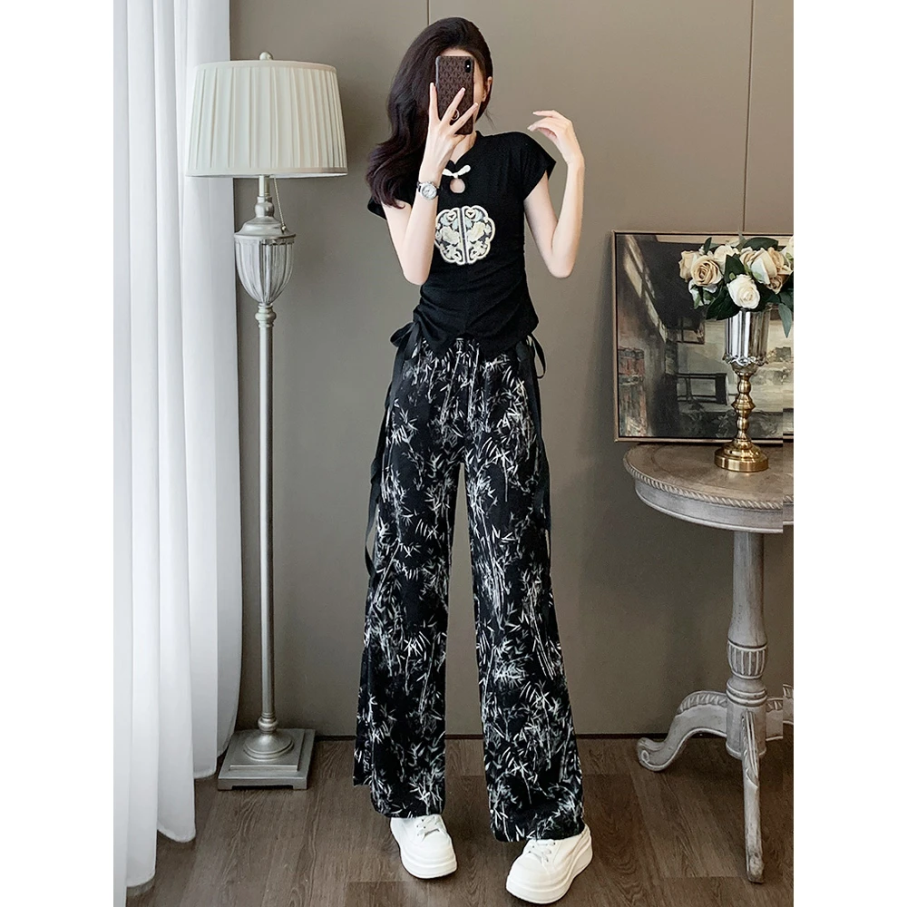 新中式国风休闲套装女2024夏季显瘦高级感刺绣短袖阔腿裤时尚潮