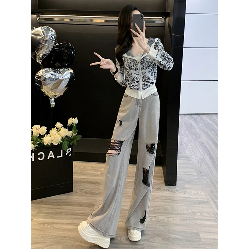 炸街港风时尚套装女秋季洋气高级感连帽外套破洞牛仔阔腿裤两件套