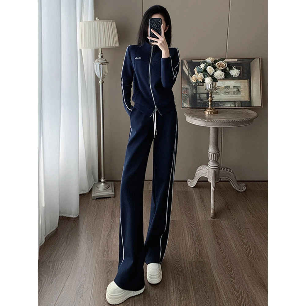 牌休闲运动套装女秋季春季显瘦气质蓝色侧条纹卫衣直筒裤两件套