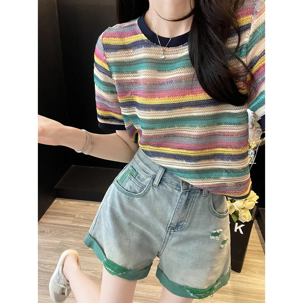 盐系炸街时尚套装女夏减龄洋气多巴胺条纹短袖高腰牛仔短裤小众