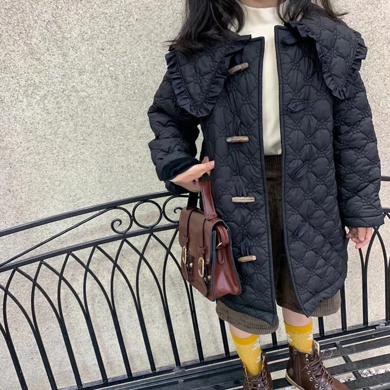 2022年秋冬女童新款韩版轻薄款大翻领绣花棉衣洋气中长款外套