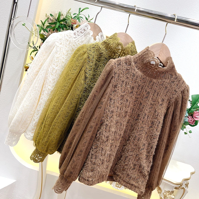 【加绒+不起球】女童秋冬装2024年新款洋气儿童加绒蕾丝打底衫