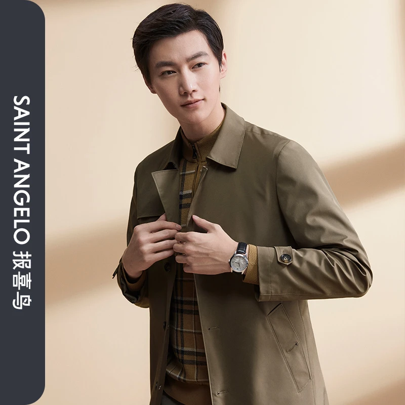 雅丹风报喜鸟秋季简约男商务休闲中长款风衣大翻领百搭英伦风外套