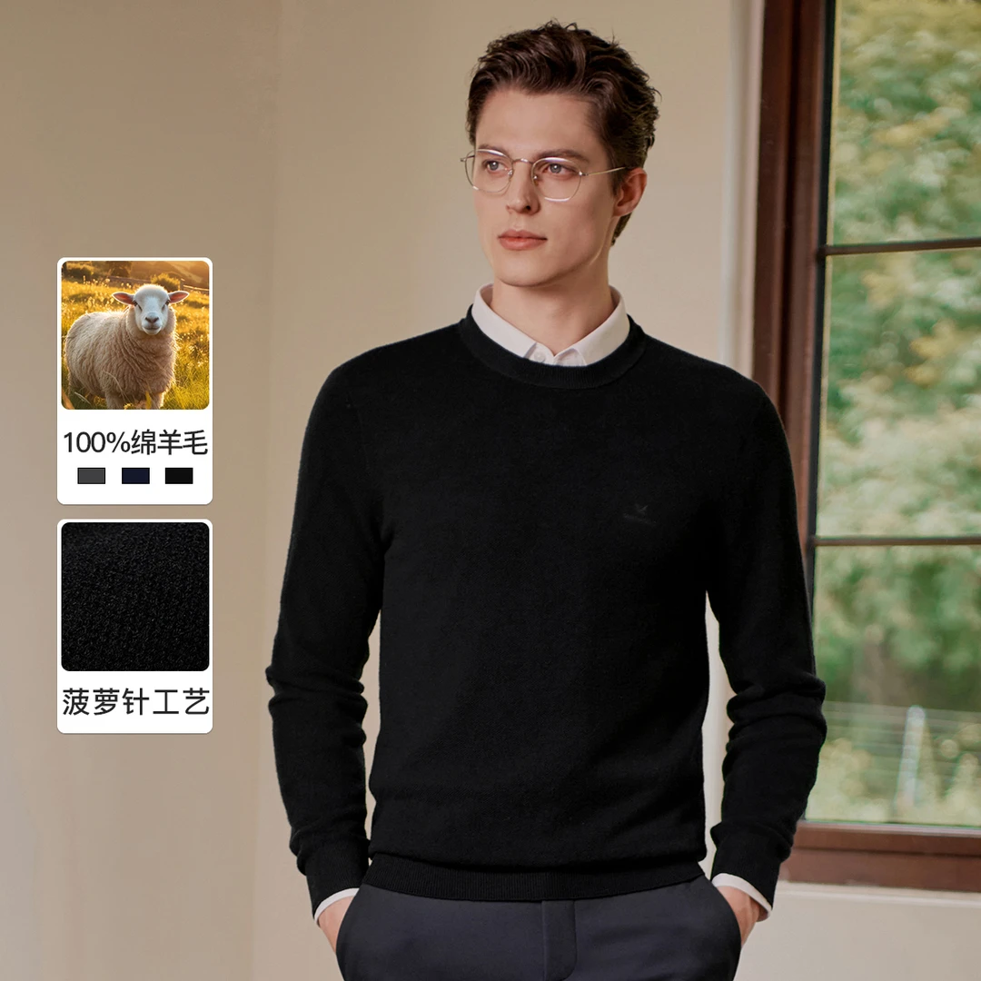 【100%绵羊毛】报喜鸟冬新品纯色舒适男士保暖羊毛衫内搭百搭