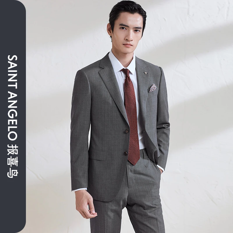 【套装-竖条纹】报喜鸟春夏男士商务休闲灰色条纹西服平驳领西装