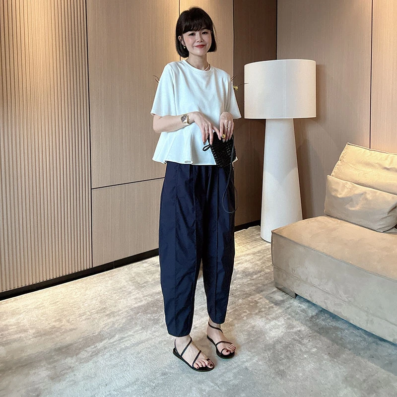 咔呐咪~夏季薄款拼接松紧腰宽松百搭显瘦休闲裤