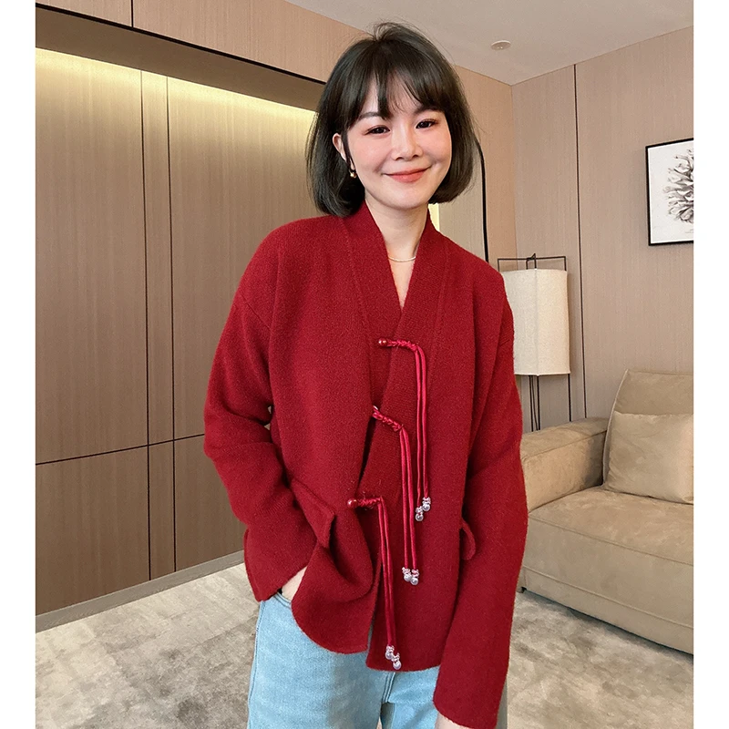 秋冬复古国风盘扣V领毛衣宽松气质开衫