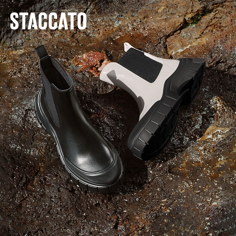 思加图冬季新款黑白琴键切尔西靴短靴烟筒靴厚底女靴ESE01DD3