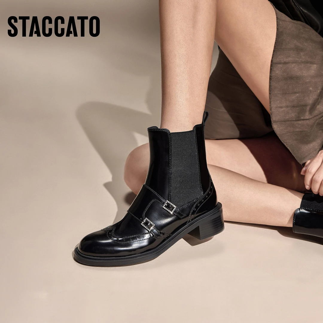 思加图冬季新款英伦夜曲切尔西靴烟筒靴中靴粗跟女靴EC341DZ4