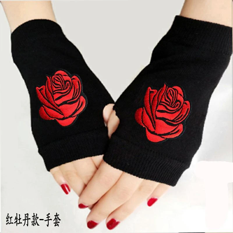 学生保暖露指手套薄款手套女士手套牡丹韩版透气半指个性