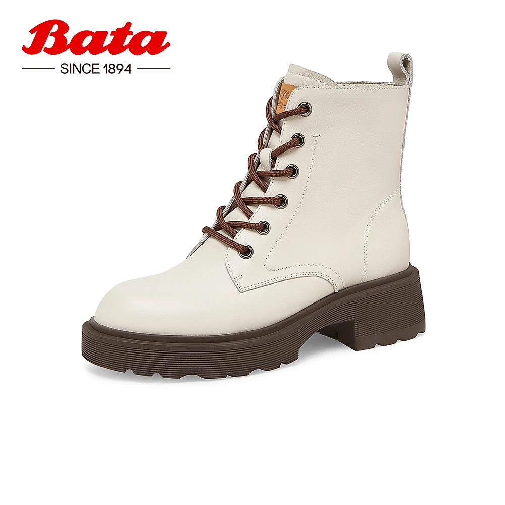 Bata马丁靴女2022冬季商场新款牛皮英伦风牛皮厚底短筒靴3371DDD2