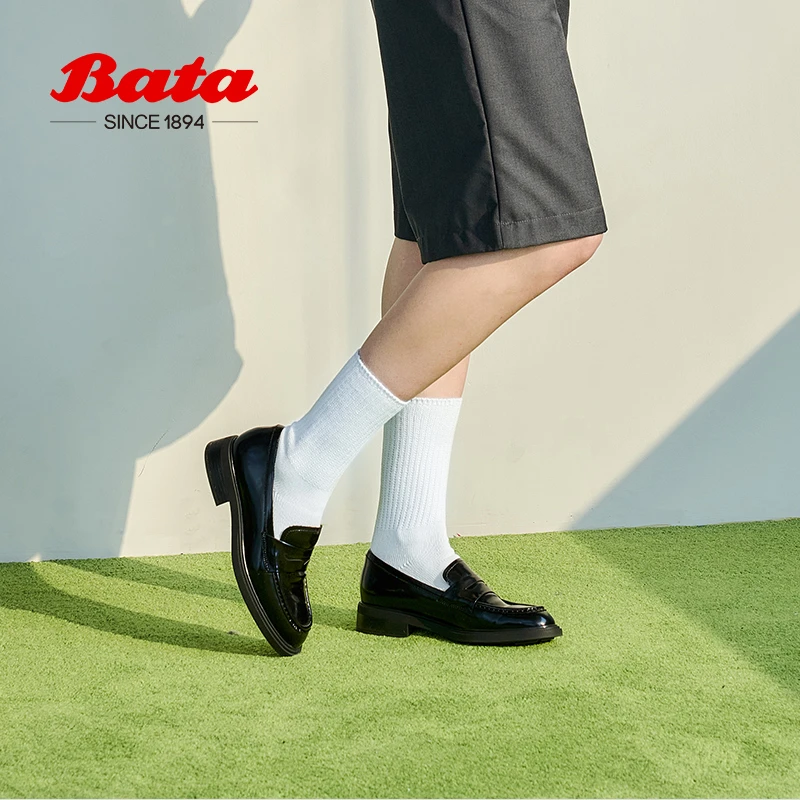 Bata乐福鞋女春夏新款英伦风牛皮通勤百搭单鞋女小皮鞋AKL27AA3