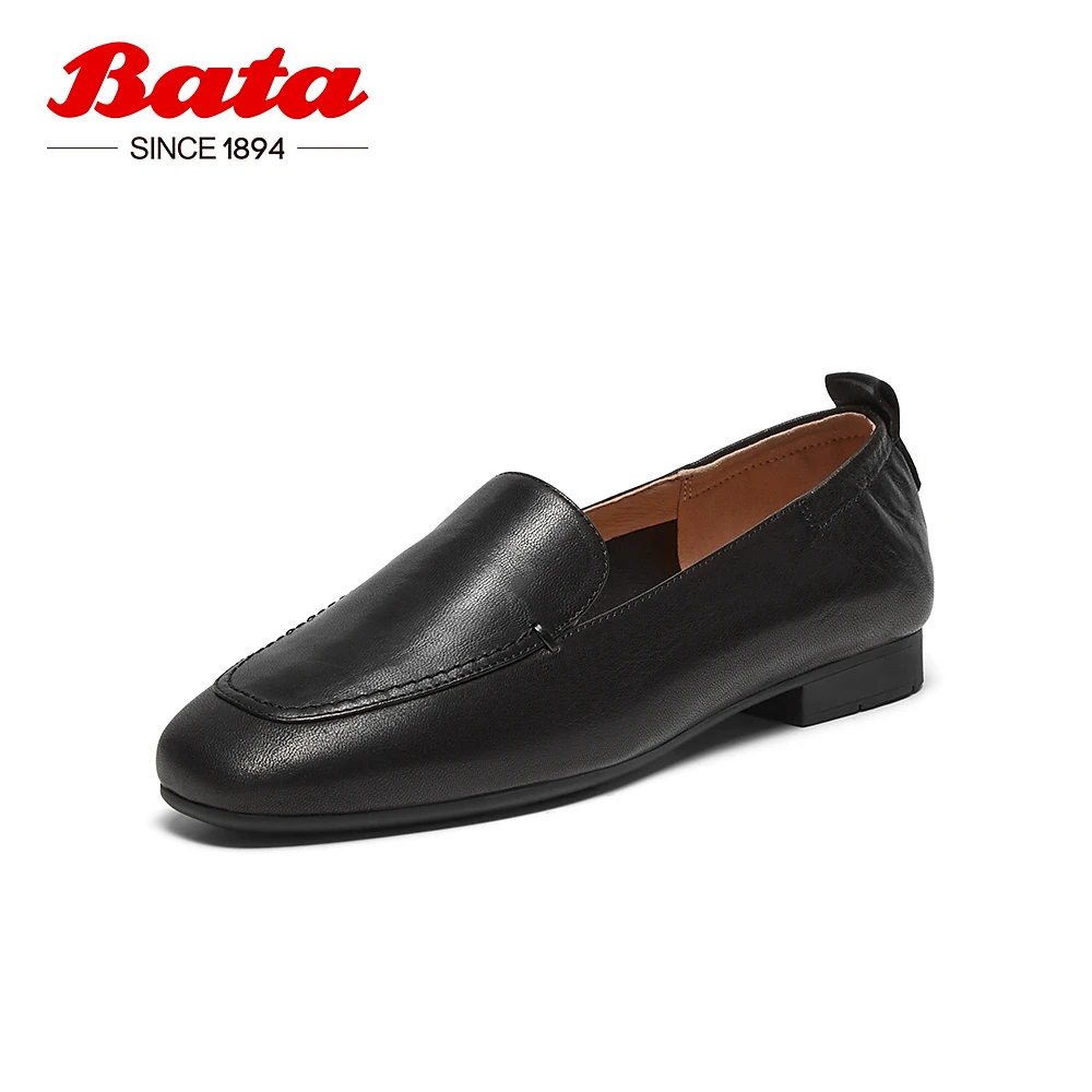 Bata乐福鞋女秋季商场新款复古英伦风羊皮软底一脚蹬AVL13CA4