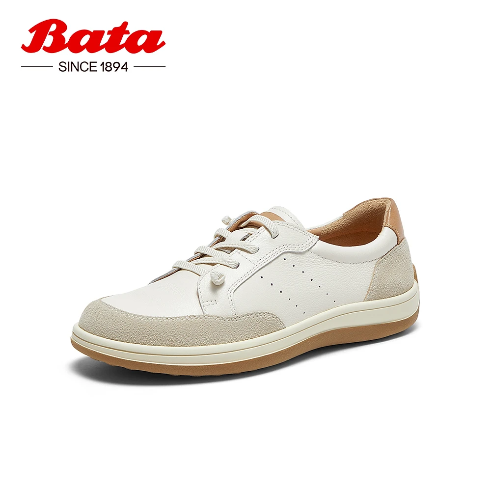 Bata木作休闲鞋女2024春季新款牛皮通勤百搭豆豆底板鞋ATK32AM4