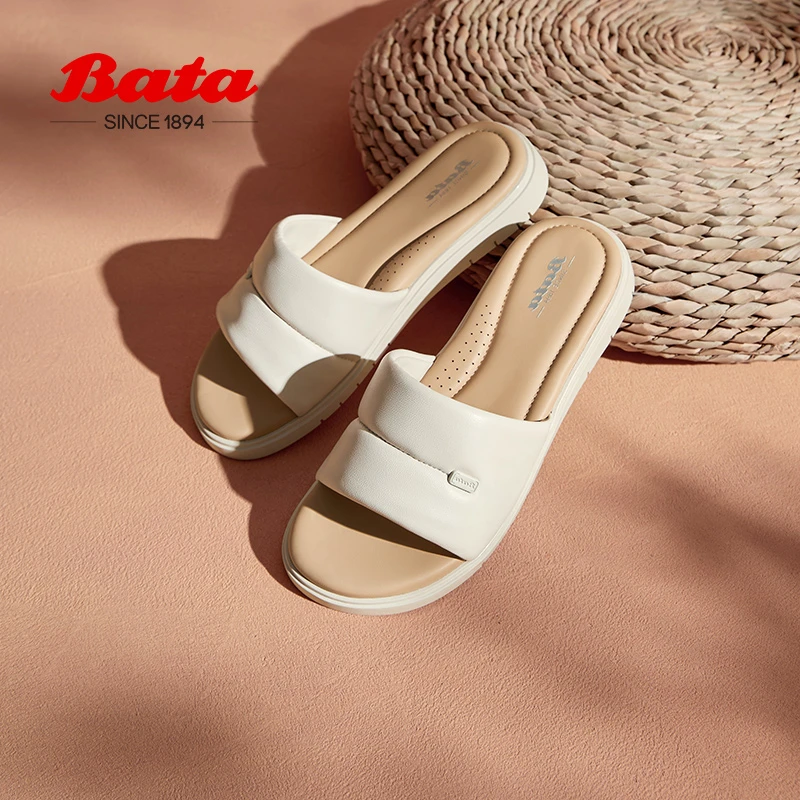 Bata外穿拖鞋女2024夏季商场新款羊皮百搭厚底一字凉拖鞋ASG17BT4