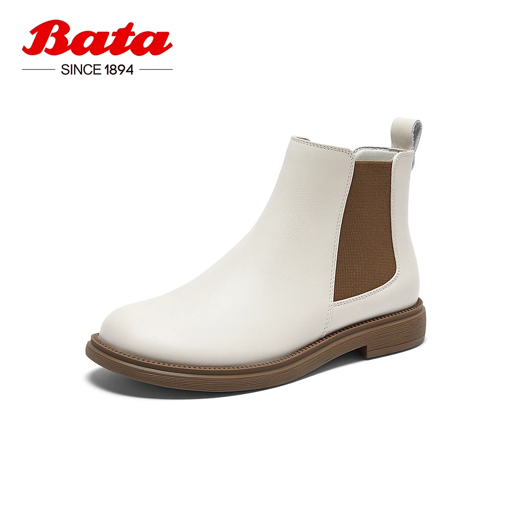 Bata切尔西靴女2023秋季新款英伦风牛皮粗跟短筒时装靴80937CD3