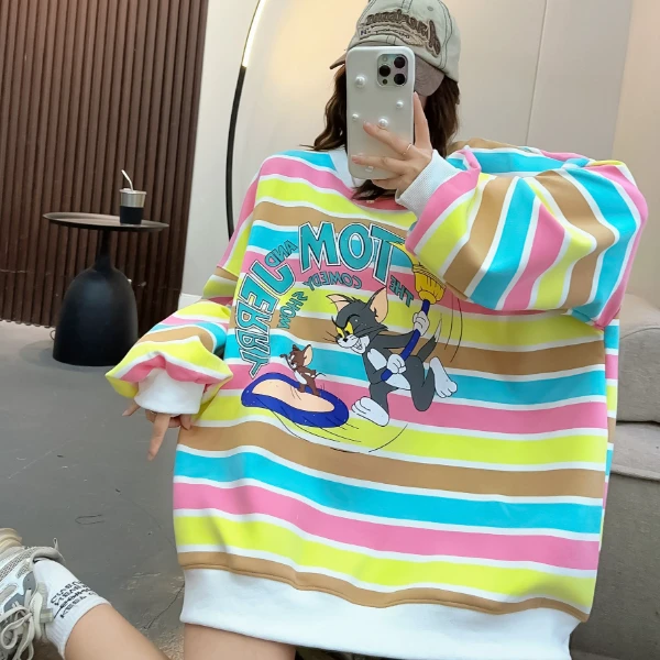 2024秋季大码时尚潮流设计款经典条纹个性宽松卫衣女（猫和老鼠）