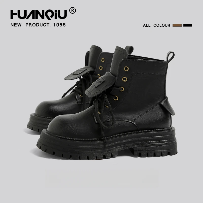 环球黑色马丁靴女2025春秋季新款软厚底增高复古西部牛仔骑士短靴