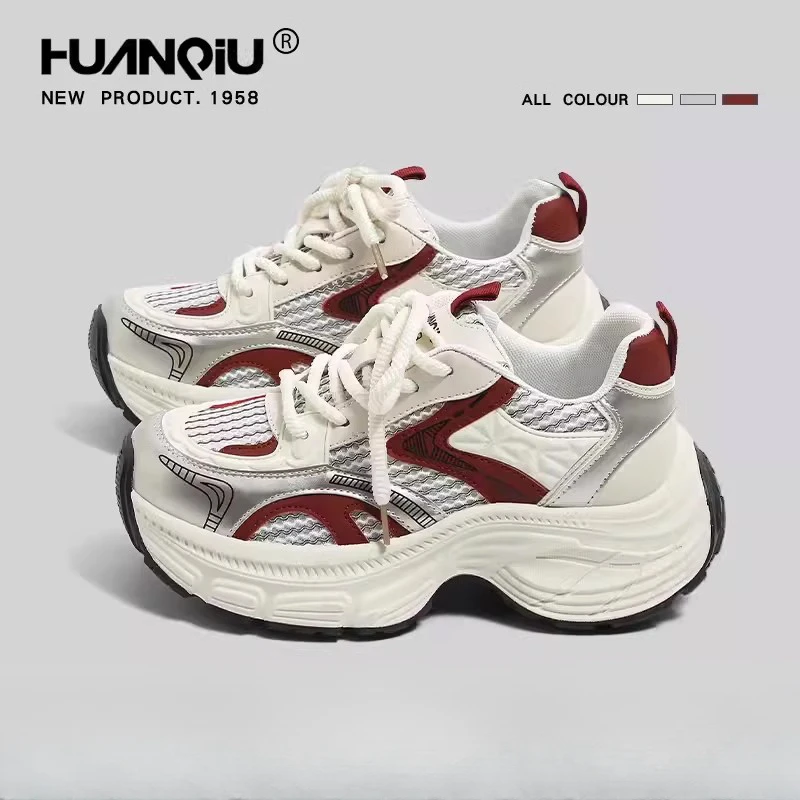 环球安哥拉红增高老爹鞋女2025新款冬季保暖加厚鞋轻便百搭休闲鞋