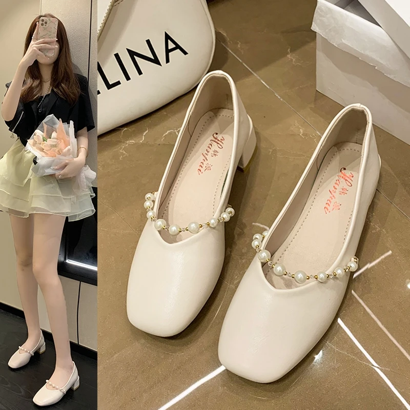 软皮玛丽珍鞋女秋季新款方头粗跟单鞋法式奶奶鞋珍珠小皮鞋潮派T3