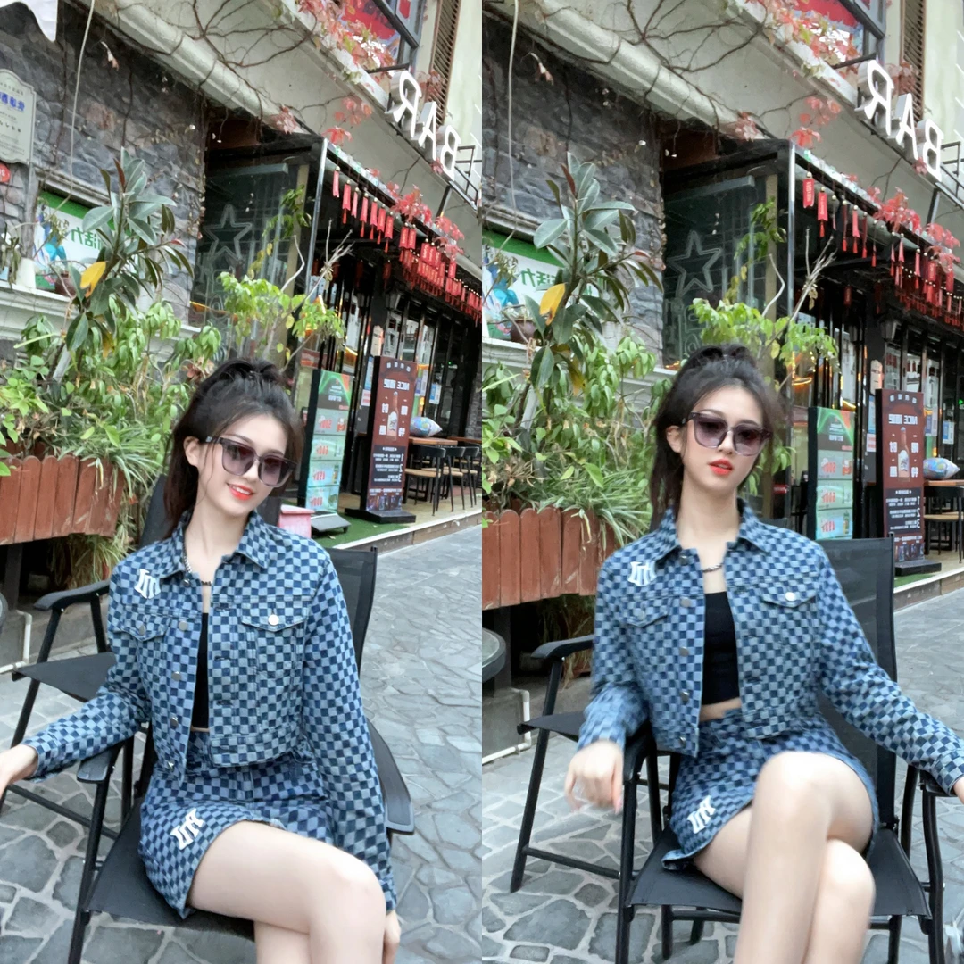 pnj时尚百搭小香风牛仔短款复古格子活力气质女款套装格纹棋盘格