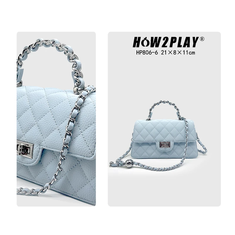 HOW2PLAY小香风小金球手提梯形包F806冰川包包蓝【配礼盒】